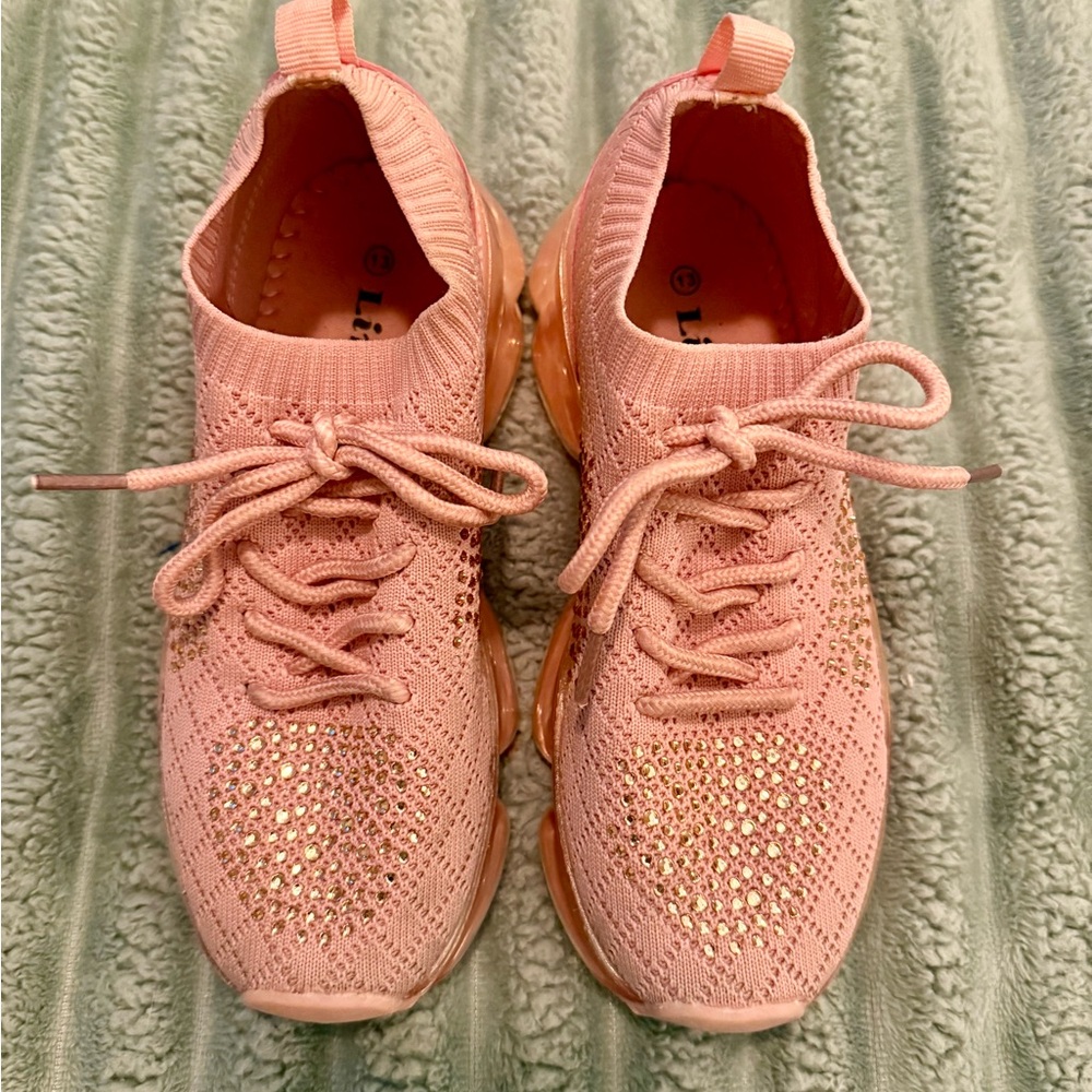 Girls Link Pink Bejeweled Glitter Slip On Faux Lace-up Sneakers